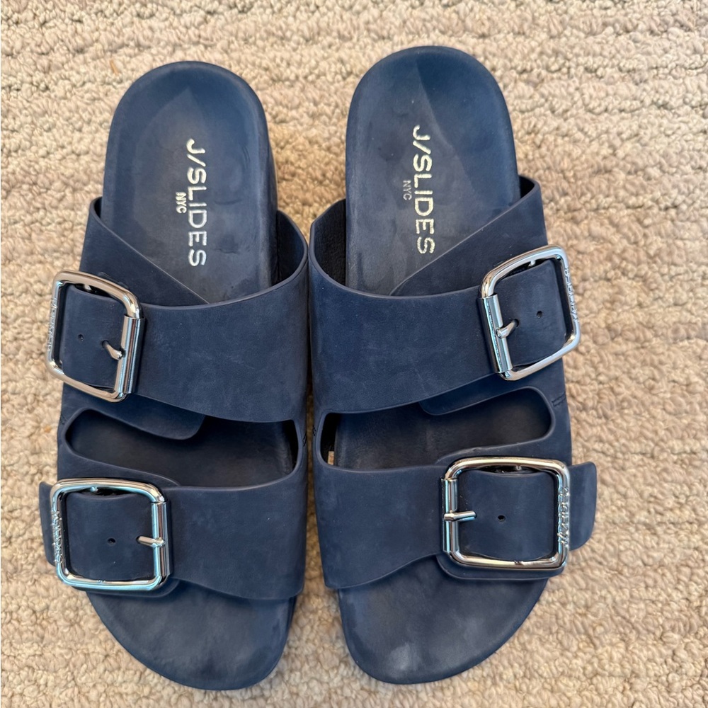 J/SLIDES Navy Sandals with Silver Buckles